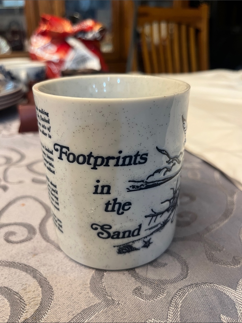 Footprints in the Sand Ceramic Mug - White with Navy Script
